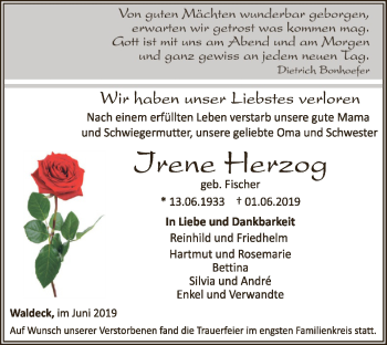 Traueranzeige von Irene Herzog von WLZ