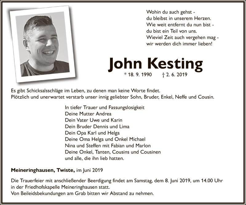  Traueranzeige für John Kesting vom 07.06.2019 aus WLZ