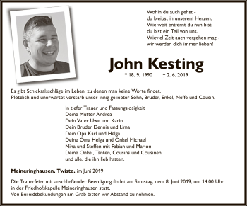 Traueranzeige von John Kesting von WLZ