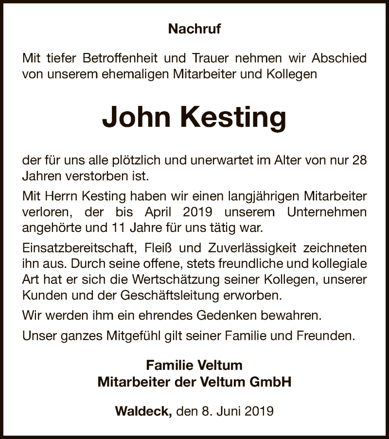  Traueranzeige für John Kesting vom 08.06.2019 aus WLZ