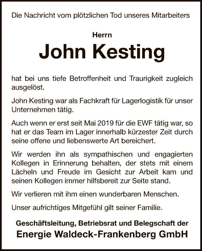 Traueranzeige für John Kesting vom 08.06.2019 aus WLZ