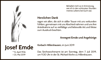 Traueranzeige von Josef Emde von WLZ