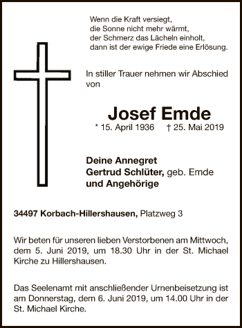 Traueranzeige von Josef Emde von WLZ