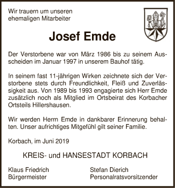 Traueranzeige von Josef Emde von WLZ