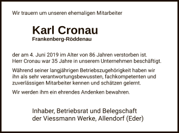 Traueranzeige von Karl Cronau von WLZ