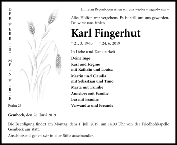 Traueranzeige von Karl Fingerhut von WLZ