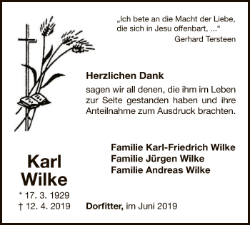 Traueranzeige von Karl Wilke von WLZ