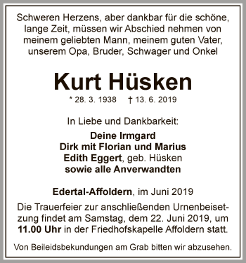 Traueranzeige von Kurt Hüsken von WLZ