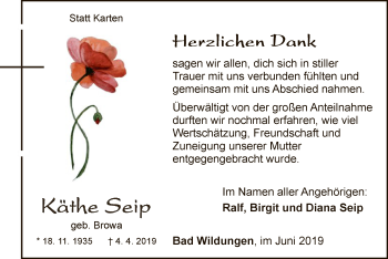 Traueranzeige von Käthe Seip von WLZ