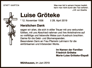 Traueranzeige von Luise Gröteke von WLZ