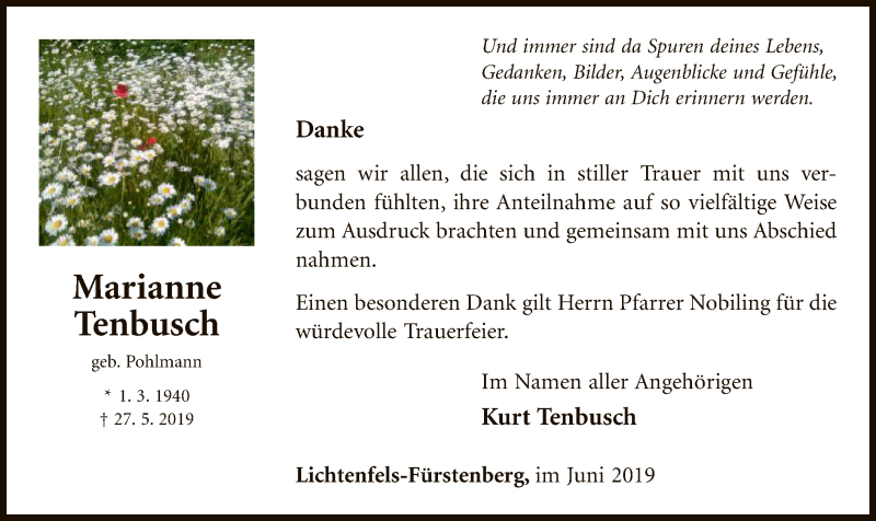  Traueranzeige für Marianne Tenbusch vom 29.06.2019 aus WLZ