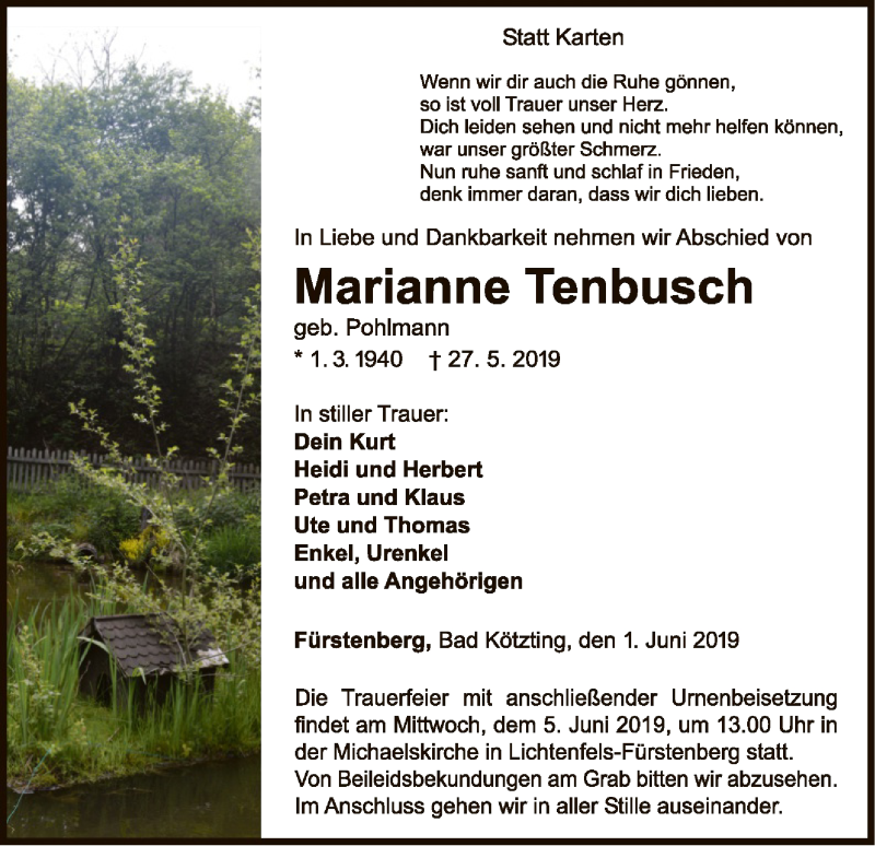  Traueranzeige für Marianne Tenbusch vom 01.06.2019 aus WLZ