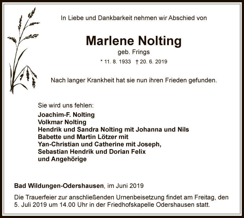  Traueranzeige für Marlene Nolting vom 29.06.2019 aus WLZ