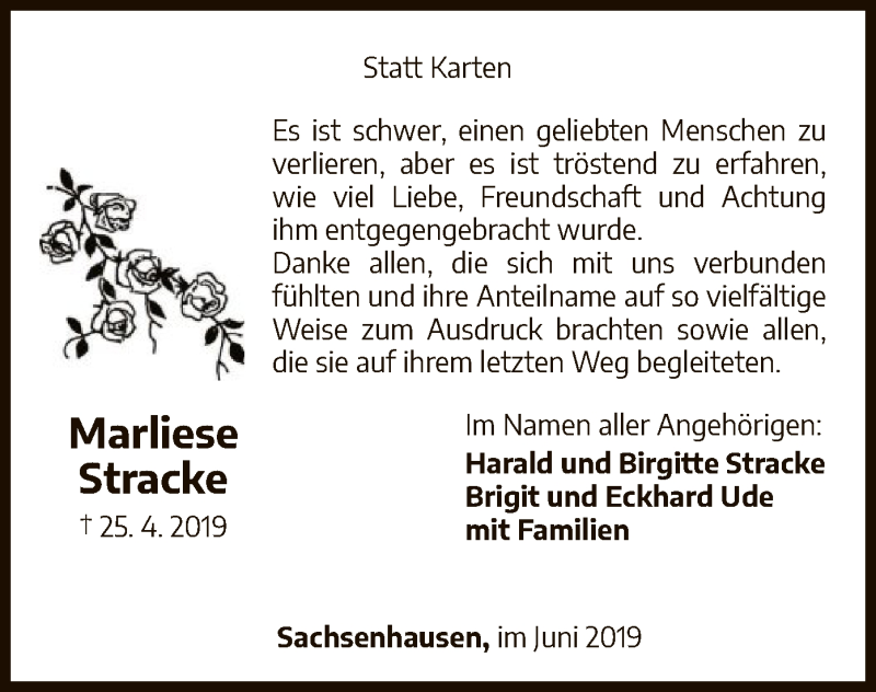  Traueranzeige für Marliese Stracke vom 08.06.2019 aus WLZ