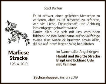 Traueranzeige von Marliese Stracke von WLZ