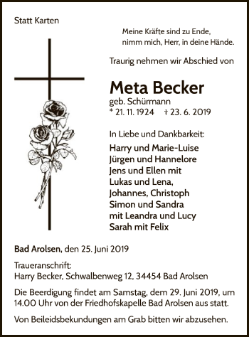 Traueranzeige von Meta Becker von WLZ