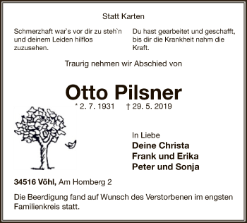 Traueranzeige von Otto Pilsner von WLZ