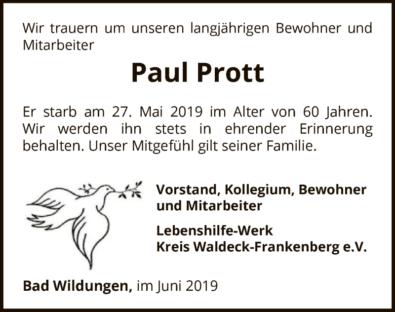  Traueranzeige für Paul Prott vom 05.06.2019 aus WLZ