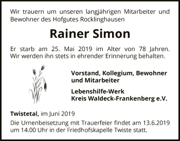 Traueranzeige von Rainer Simon von WLZ