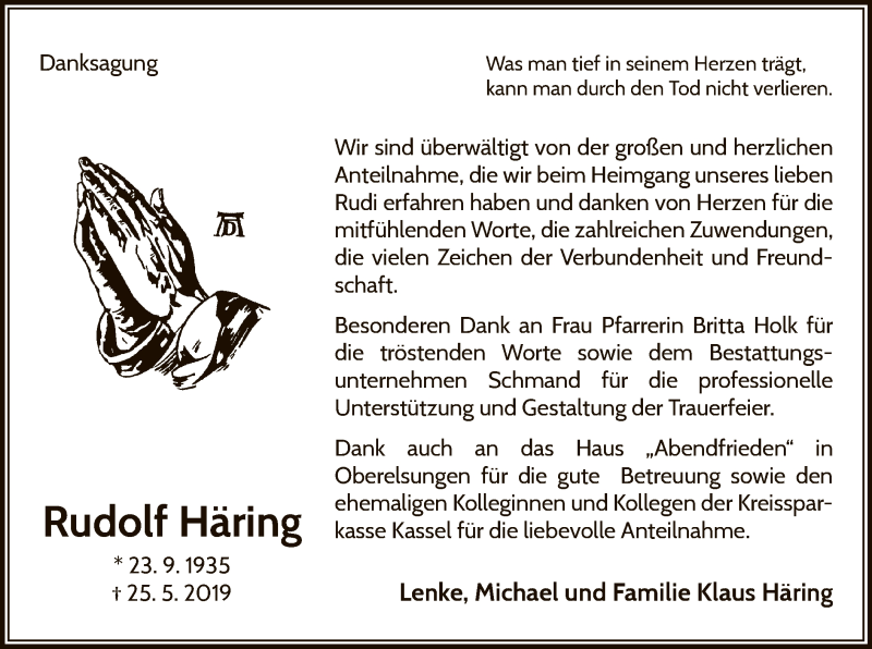 Traueranzeige für Rudolf Häring vom 29.06.2019 aus WLZ