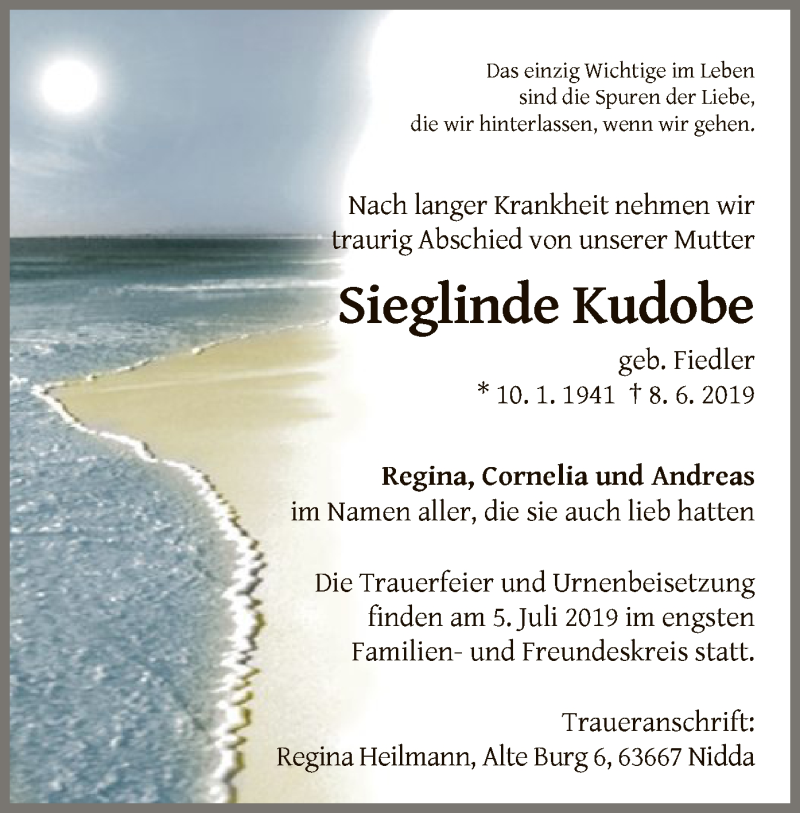  Traueranzeige für Sieglinde Kudobe vom 22.06.2019 aus WLZ
