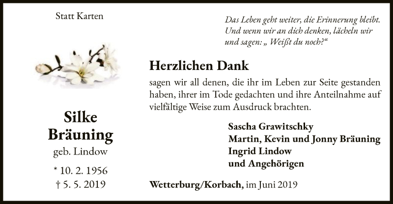 Traueranzeige für Silke Bräuning vom 08.06.2019 aus WLZ