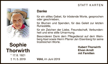 Traueranzeige von Sophie Thorwirth von WLZ