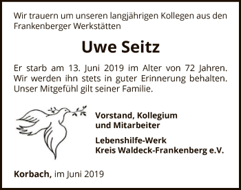 Traueranzeige von Uwe Seitz von WLZ