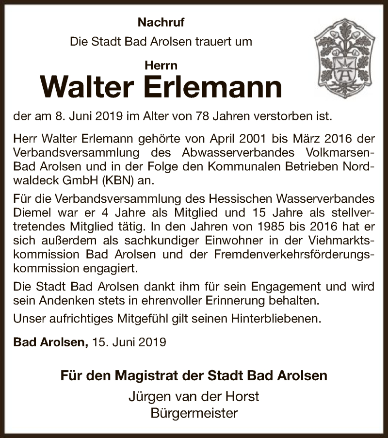  Traueranzeige für Walter Erlemann vom 15.06.2019 aus WLZ