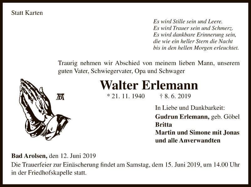  Traueranzeige für Walter Erlemann vom 12.06.2019 aus WLZ