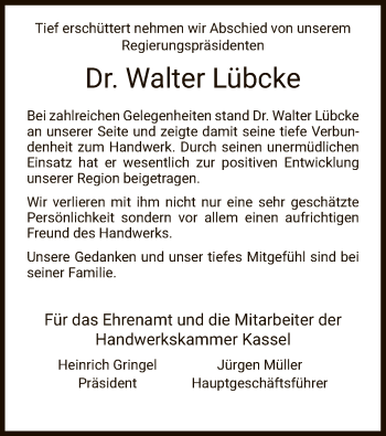 Traueranzeige von Walter Lübcke von WLZ