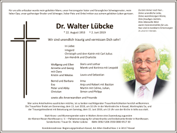 Traueranzeige von Walter Lübcke von WLZ