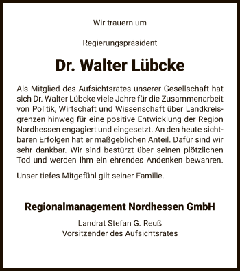 Traueranzeige von Walter Lübcke von WLZ