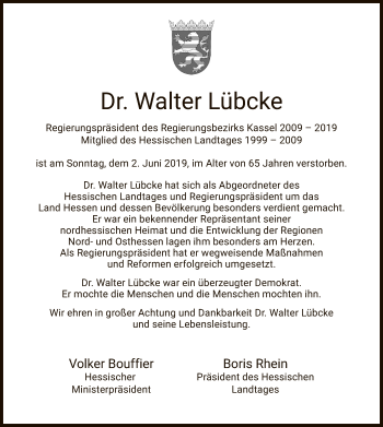 Traueranzeige von Walter Lübcke von WLZ