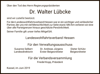 Traueranzeige von Walter Lübcke von WLZ