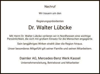 Traueranzeige von Walter Lübcke von WLZ