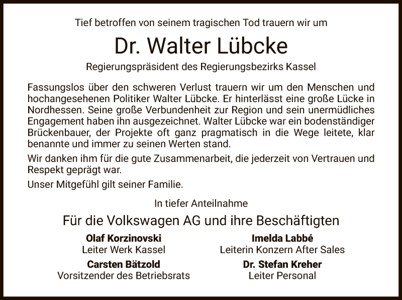  Traueranzeige für Walter Lübcke vom 08.06.2019 aus WLZ
