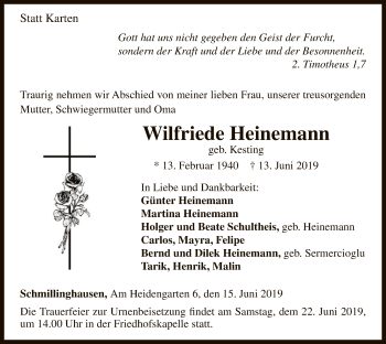 Traueranzeige von Wilfriede Heinemann von WLZ