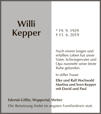 Traueranzeige von Willi Kepper von WLZ