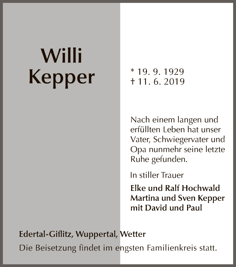  Traueranzeige für Willi Kepper vom 15.06.2019 aus WLZ