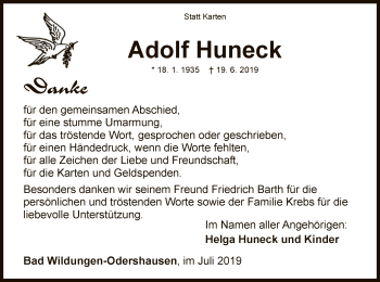 Traueranzeige von Adolf Huneck von WLZ