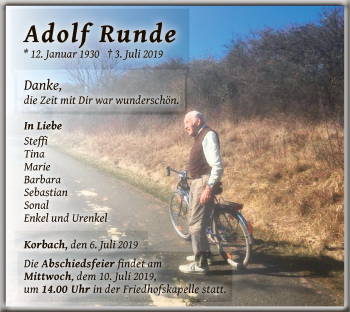 Traueranzeige von Adolf Runde von WLZ