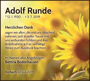 Traueranzeige von Adolf Runde von WLZ