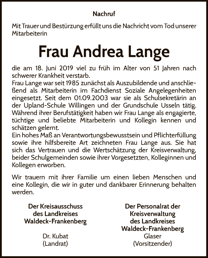  Traueranzeige für Andrea Lange vom 05.07.2019 aus WLZ