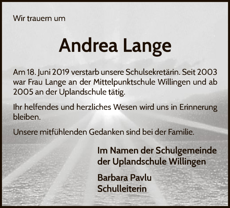  Traueranzeige für Andrea Lange vom 02.07.2019 aus WLZ