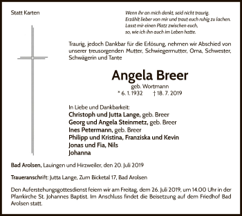 Traueranzeige von Angela Breer von WLZ