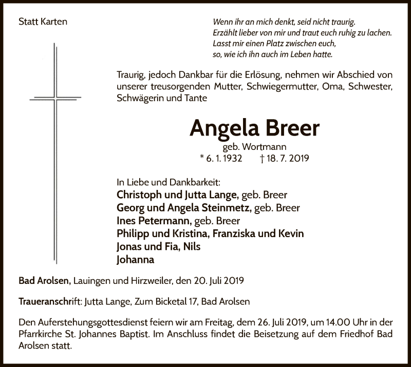  Traueranzeige für Angela Breer vom 20.07.2019 aus WLZ