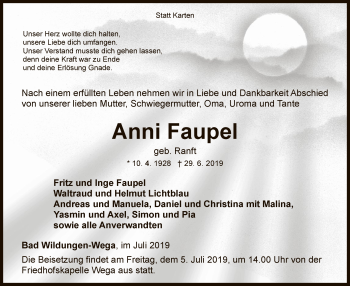 Traueranzeige von Anni Faupel von WLZ