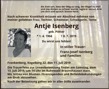 Traueranzeige von Antje Isenberg von WLZ