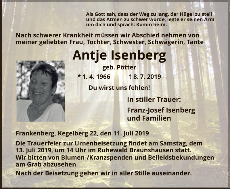 Traueranzeige für Antje Isenberg vom 11.07.2019 aus WLZ